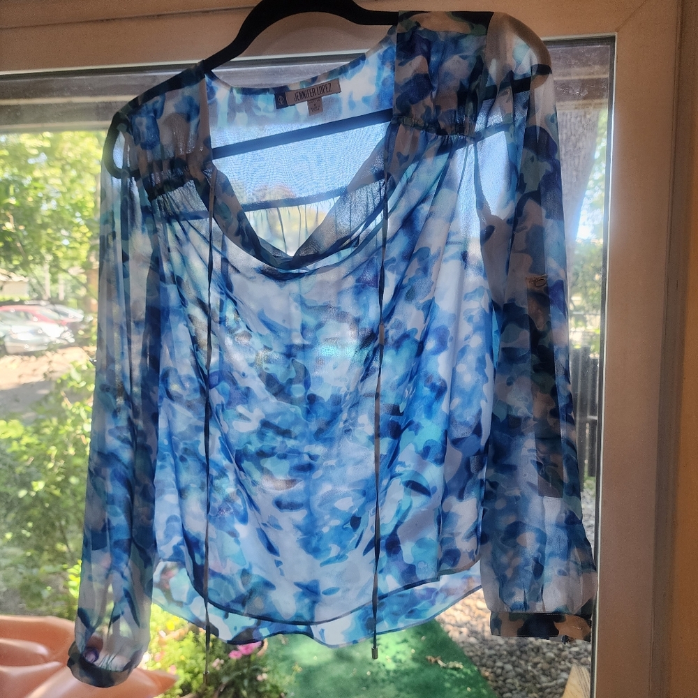 Jennifer Lopez Blue Sheer Blouse string tie Silver Buttons on Sleep - Picture 9 of 11